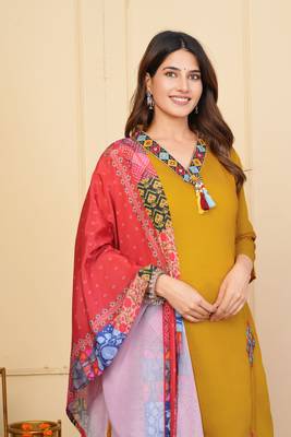 Mustard viscose chanderi designer embroidery work festive wear kurta set 4