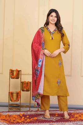 Mustard viscose chanderi designer embroidery work festive wear kurta set 5