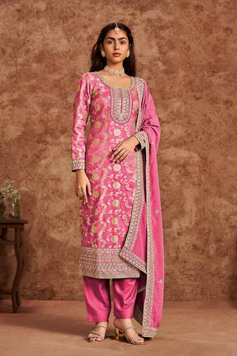 Pink dola silk fabric heavy woven designer and embroidered suit
