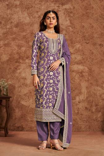 Lavender dola silk fabric heavy woven designer and embroidered suit
