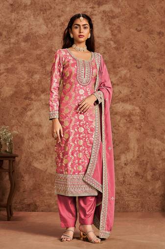 Coral dola silk fabric heavy woven designer and embroidered suit