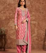 Coral dola silk fabric heavy woven designer and embroidered suit