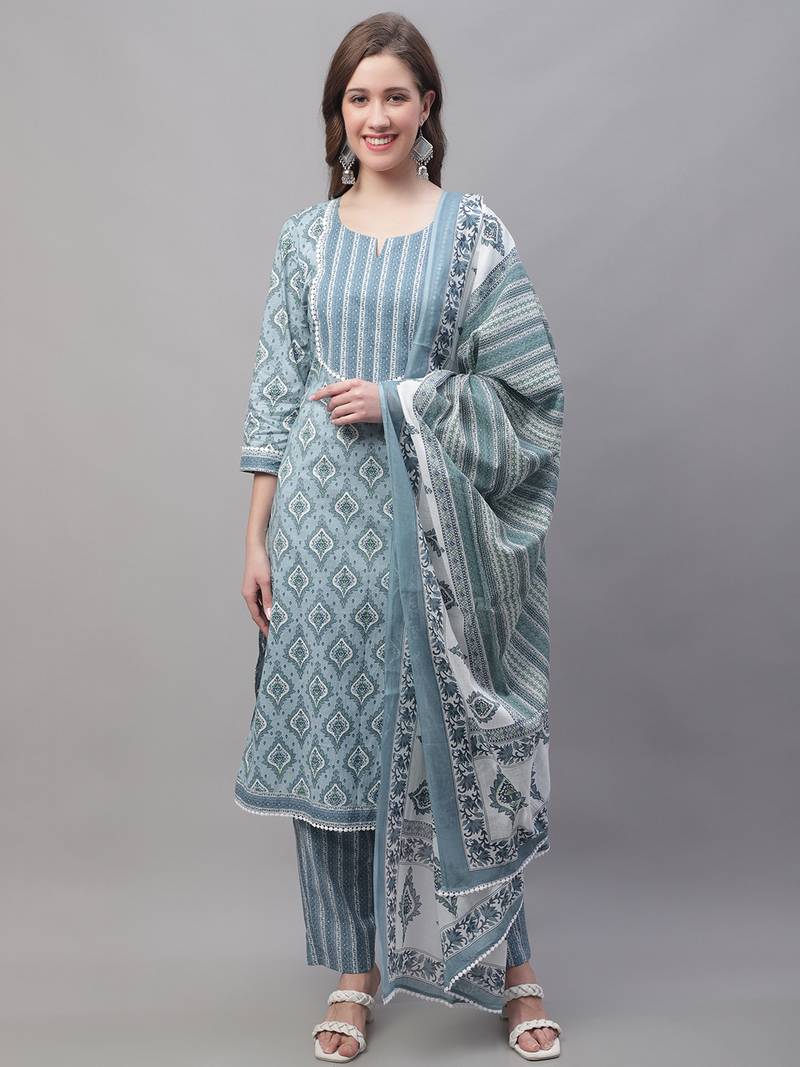 Green cotton fabric designer printed readymade salwar kameez
