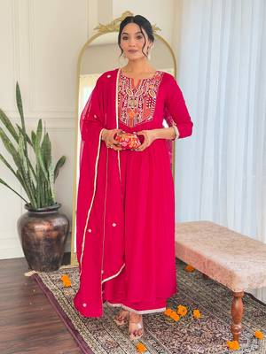 Red viscosee fabric embroidery work readymade suit 1