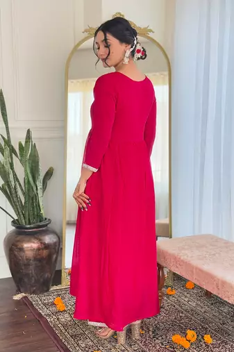 Red viscosee fabric embroidery work readymade suit