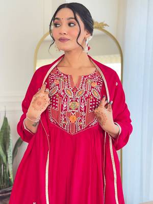 Red viscosee fabric embroidery work readymade suit 3