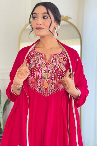 Red viscosee fabric embroidery work readymade suit