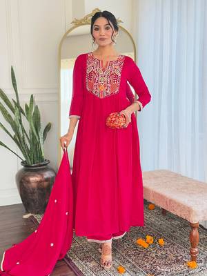 Red viscosee fabric embroidery work readymade suit 4