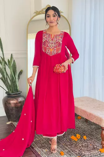 Red viscosee fabric embroidery work readymade suit