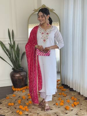 White bsy viscoce fabric embroidery work with printed readymade suit 1