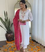 White bsy viscoce embroidered embroidery work with printed readymade suit