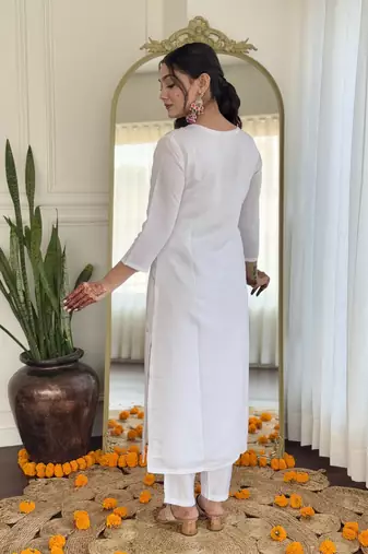 White bsy viscoce fabric embroidery work with printed readymade suit