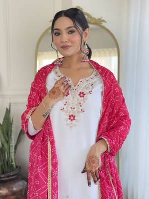 White bsy viscoce fabric embroidery work with printed readymade suit 3