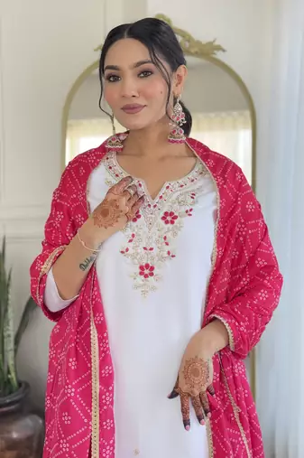 White bsy viscoce fabric embroidery work with printed readymade suit