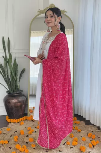 White bsy viscoce fabric embroidery work with printed readymade suit