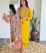 Mustard bsy viscoce embroidered embroidery work with printed readymade suit