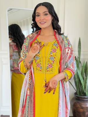 Mustard bsy viscoce fabric embroidery work with printed readymade suit 3