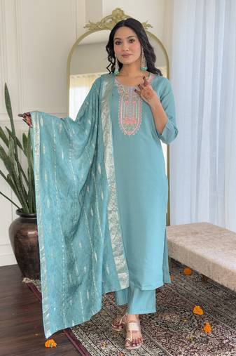 Sky blue chanderi fabric embroidery work with woven readymade suit