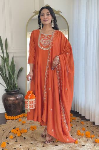 Orange vichitra silk fabric embroidery work readymade suit