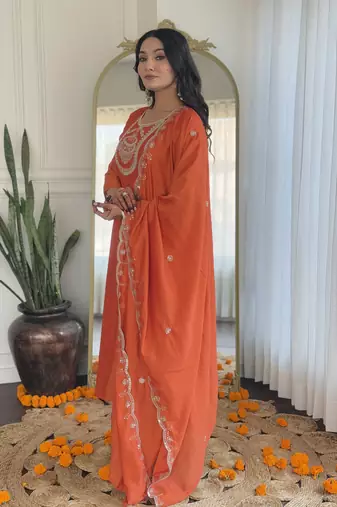 Orange vichitra silk fabric embroidery work readymade suit