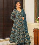 Blue muslin fabric designer printed ceremonial girlie suit