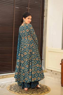 Blue muslin fabric printed ceremonial girlie suit 2