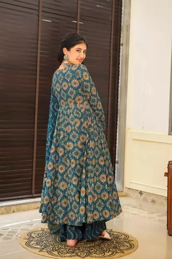 Blue muslin fabric printed ceremonial girlie suit