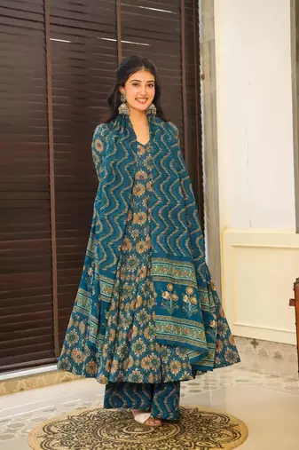 Blue muslin fabric printed ceremonial girlie suit
