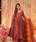 Maroon muslin fabric designer printed ceremonial girlie suit