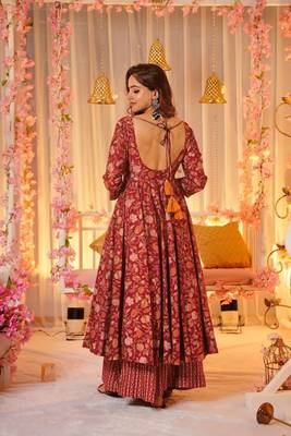 Maroon muslin fabric printed ceremonial girlie suit 2