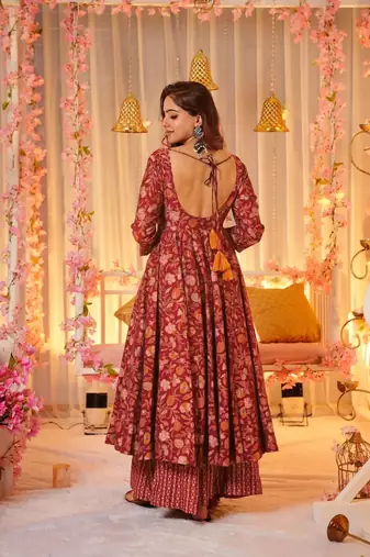 Maroon muslin fabric printed ceremonial girlie suit