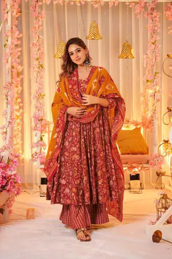 Maroon muslin fabric printed ceremonial girlie suit