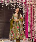 Green muslin fabric designer printed ceremonial girlie suit