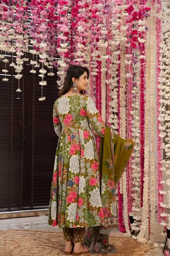 Green muslin fabric printed ceremonial girlie suit