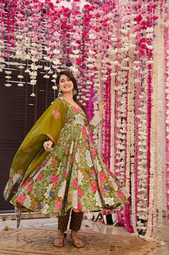 Green muslin fabric printed ceremonial girlie suit