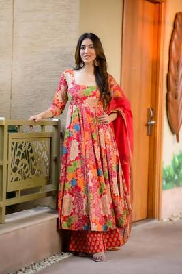 Pink muslin fabric printed ceremonial girlie suit 1