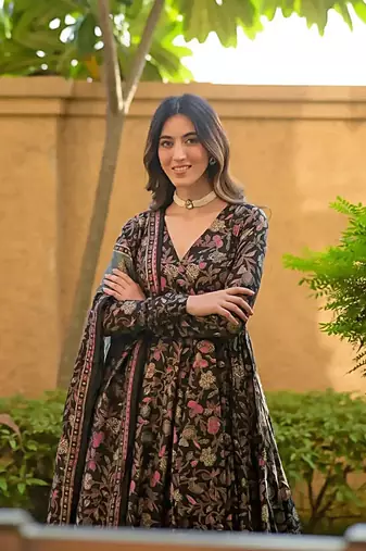 Black muslin fabric printed ceremonial girlie suit