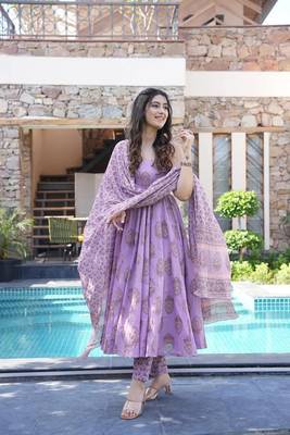 Lavender muslin fabric printed ceremonial girlie suit 1