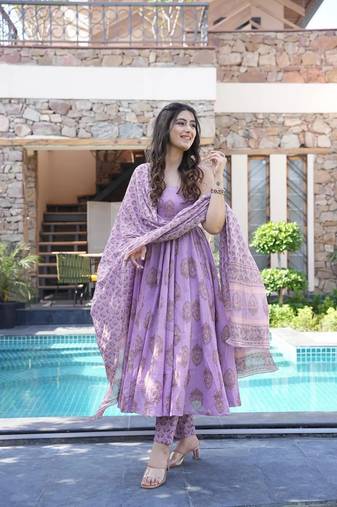 Lavender muslin fabric designer printed ceremonial girlie suit