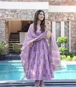 Lavender muslin fabric designer printed ceremonial girlie suit