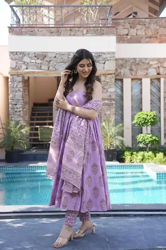 Lavender muslin fabric printed ceremonial girlie suit
