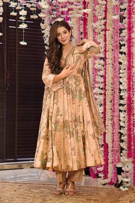 Peach muslin fabric printed ceremonial girlie suit 1