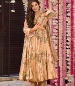 Peach muslin fabric designer printed ceremonial girlie suit