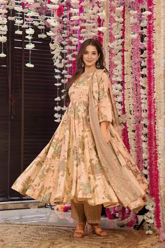 Peach muslin fabric printed ceremonial girlie suit