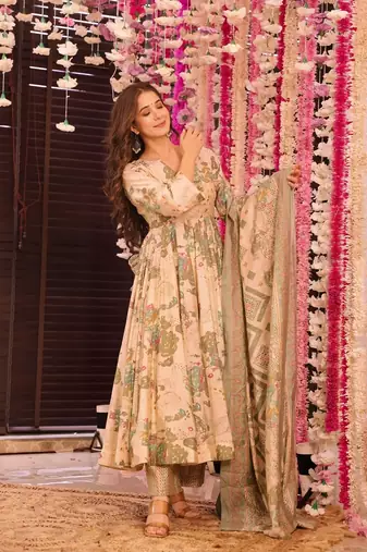 Peach muslin fabric printed ceremonial girlie suit