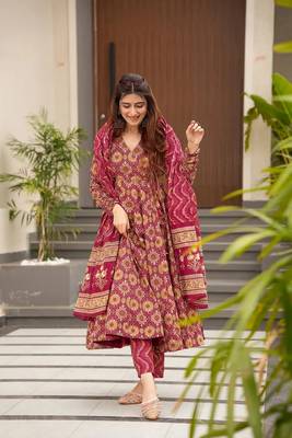 Burgundy muslin fabric printed ceremonial girlie suit 1