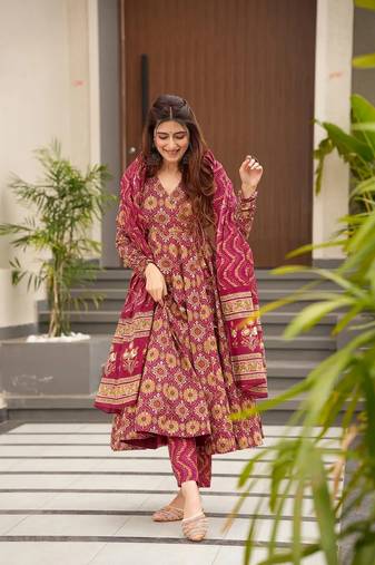 Burgundy muslin fabric designer printed ceremonial girlie suit