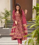 Burgundy muslin fabric designer printed ceremonial girlie suit