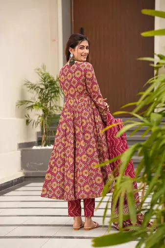 Burgundy muslin fabric printed ceremonial girlie suit