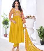 Yellow georgette fabric embroidered readymade suit with floral print designer